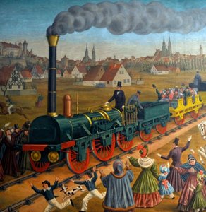 
Das Neue - bejubelt und gef�rchtet: die erste Eisenbahnfahrt mit der Dampflokomotive Adler 1835. 
