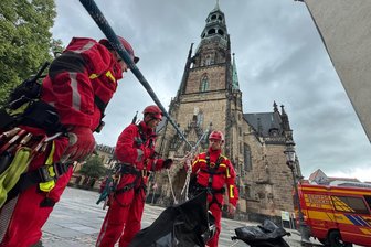 Zwickauer Berufsfeuerwehr rettet Personen vom Turm des Doms - Es ist eine Übung - Die Höhenrettung der Berufsfeuerwehr Zwickau trainierte am Zwickauer Dom.