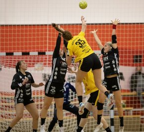 "Frau Wolff hat uns in der zweiten Halbzeit erschossen", sagte BSV-Trainer Norman Rentsch. Die Nummer 35 aus Rödertal erzielte nach der Pause 13 Treffer. Im Bild können Alisa Pester (2. von links) und Pia Adams (rechts) den Block nicht setzen. Diana Dögg Magnusdottir (links) kann nur hinterherschauen. 