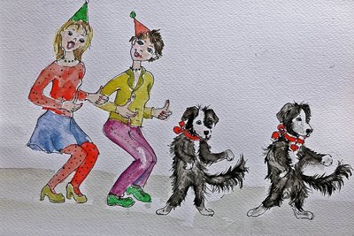 Im Zentrum der Zeichnungen steht der Hund Pierrot, der hier sogar in doppelter Ausführung in Erscheinung tritt.
