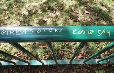 Diesen Spruch haben Unbekannte auf ein Brückengeländer im Freiberger Albertpark geschmiert. 