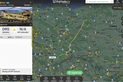 Bei "Flightradar 24" (Bild) und "Military Freedar" wurde am Dienstagabend nur eine der fünf Maschinen verzeichnet. Die Grafik zeigt, dass die Maschinen aus Polen kamen und in Dresden eine Zwischenlandung einlegten. Screenshot: FR24/FP