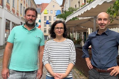 Carsten Kiesshauer (Sabowind), Kristina Witting (Wir machen Energie eG) und Jan Stoye (Egneos) nach einem Arbeitstreffen in Freiberg.