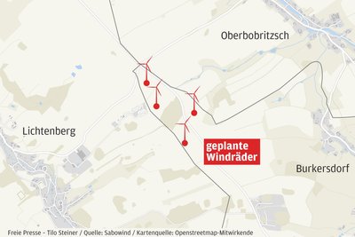 Standorte der geplanten Windräder bei Burkersdorf.