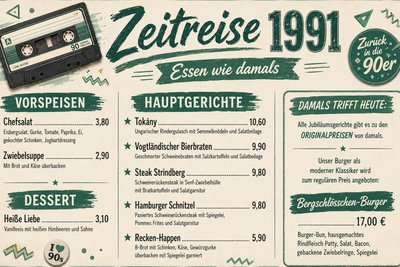 Schmeckt, als hätte es Thomas Koppetz selbst zubereitet – Einblick in die Jubiläumskarte mit den Preisen von damals.