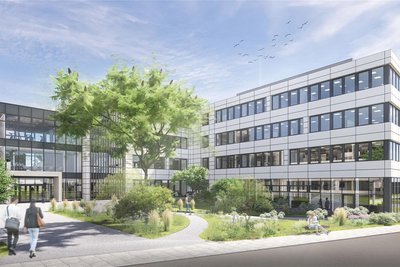 Die Visualisierung zeigt, wie der Bürokomplex bei Goldbeck Treuen aussehen wird. Er wird 2024 fertig sein.