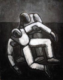 Ein immer wiederkehrendes Motiv im Werk Núria Quevedos sind die Fremdlinge in der Welt: "Zwei Figuren (Don Quichote und Sancho)", Acryl auf Leinwand, 1995, zu sehen in der Ausstellung in Frankfurt/Oder.  