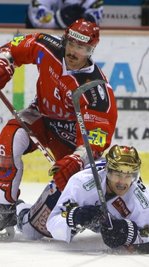 Crimmitschaus Ty Wishart (links) im Zweikampf mit Eislöwe Harrison Reed.