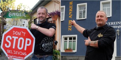 Anger-Chef Thomas Scheiter (l.) hält in Corona-Zeiten an seiner Firmenphilosophie fest: "Don't Stop Believing".Jens Bachmann, Wirt der Gaststätte "Zum Anker" in Vereinshaus Oberoelsnitz bleibt trotz Lockdown optimistisch: "Es wird schwer, aber es geht, wenn die Leute mitspielen."