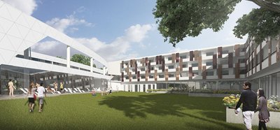 Das Vier-Sterne-Hotel (rechts) grenzt direkt an das Thermalbad (links) an. Im Außenbereich sind Liegeflächen geplant. 