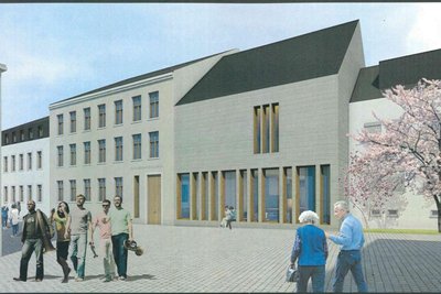 Vis-à-Vis der Auerbacher Stadtkirche soll das neue Gemeindezentrum entstehen - ein modernes Ensemble mit viel Glas. Doch hierfür fehlt Geld. Visualisierung: