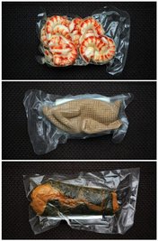 Die Bildkombo zeigt von oben fleischfreie "Krabben" geformt aus Yamswurzelpulver, ein "Hühnchen" geformt aus Sojaeiweiß und ein "Lachsfilet" geformt aus Sojafasern und Weißeneiweiß, aufgenommen im Januar 2014 auf der Messe "Veggie-World" in den Rhein-Main-Hallen in Wiesbaden.