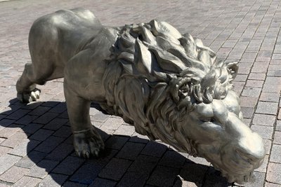 Die Löwenskulptur aus Neusilber von Joscha Bender hat den Brunnen auf dem Freiberger Obermarkt fest im Blick.
