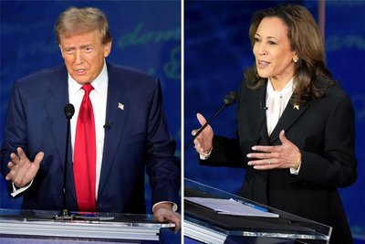 Donald Trump (links im Bild) und die demokratische Präsidentschaftskandidatin und US-Vizepräsidentin Kamala Harris während der ABC News Präsidentschaftsdebatte im National Constitution Center.