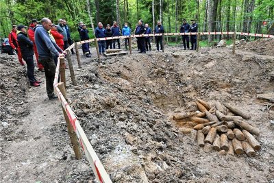 In einem freigelegten Trichter befanden sich etwa 70 Granaten, die nach Kriegsende dort gelagert wurden. 
