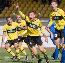 Plauens Torschütze Kamil Popowicz (Nr. 9) bejubelt sein 1:0, von links freuen sich Ondrej Nyber, Philipp Dartsch und Tom Ronny Fischer mit.