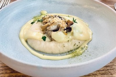Maitake-Pilz mit Selleriecreme, Nussbuttersauce und Thymian.