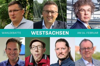 04. Februar: Wahldebatte Zwickau - Diese Kandidatinnen und Kandidaten sind bei der Wahldebatte dabei. Oben von links: Jens Juraschka (SPD), Carsten Körber (CDU), Matthias Moosdorf (AfD). Unten von links: Nico Tippelt (FDP), Manuel Schramm (Grüne), Patrick Leonhardt (Linke), Heiko Döhler (BSW).