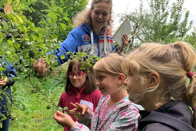 Antje Nobst zeigt den Schülern verschiedene Sträucher. Lia, Emilie und Emily schauen sich die Früchte eines Schlehdorns an.