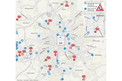 Viele rote Punkte markieren viele Baustellen, die es aktuell in Chemnitz gibt.