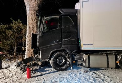 Am Donnerstagabend rutschte der Lkw in Gahlenz auf glatter Straße gegen einen Baum. Der Fahrer wurde dabei schwer verletzt. 