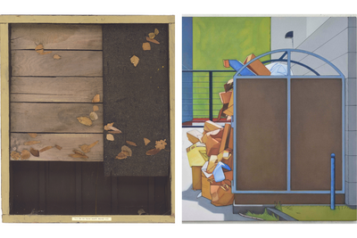 Kurt Teubners reliefartige Collage "Ehe der Winter kommt" von 1979 ist in der Neuen Sächsischen Galerie in Chemnitz zu sehen. Der Maler und Grafiker wurde 1903 in Aue geboren und starb dort 1990. Daneben hängt Thoralf Knoblochs mit Öl gemaltes Bild "Containerbox". Es entstand in diesem Jahr und ist eine Gegenüberstellung zum Werk Teubners aus der DDR.