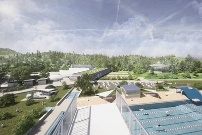 Perspektive vom 10-Meter-Turm: So könnte das Waldbad Brunn nach dem Rückbau zum Freibad aussehen. Links der Wasserspielplatz; an Stelle des Variobeckens und der Schwimmhalle Liegeflächen in der Nachmittagssonne, das Schwimmbecken um einen Nichtschwimmerbereich mit Rutsche erweitert.