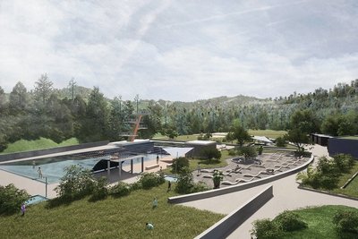 Blick aufs Freibad vom historischen Pavillon aus. Die Visualisierung ist Grundlage der Planung. Für deren Fortgang sind Vorschläge und Ideen der Auerbacher ausdrücklich erwünscht. 