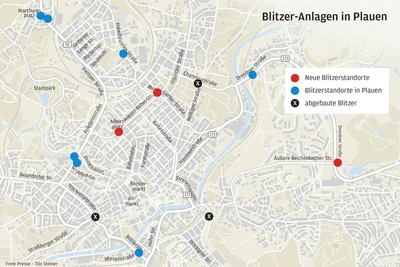 Überwachungsstandorte in Plauen: Drei Ampel-Blitzer wurden abgebaut, drei neue kombinierte Anlagen kamen hinzu.