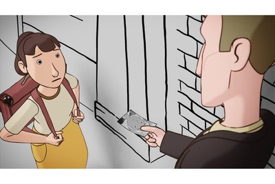 Szene aus der Serie „„Auf Fritzis Spuren“: Ein Mädchen wird auf dem Schulweg von einem Stasi-Mitarbeiter angesprochen.