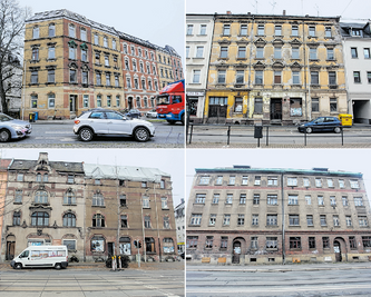 Diese vier Immobilien gehören zu einem Paket, das für 1,89 Millionen Euro verkauft werden soll. Oben: Kolpingstraße38 (links) und Marienthaler Straße 101. Unten: Leipziger Straße 131 (links) und 138. 