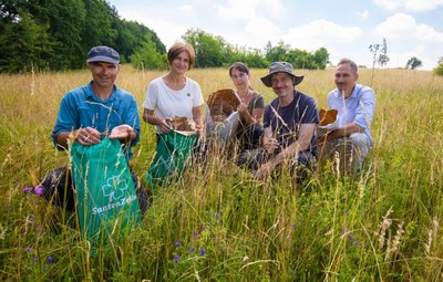 Fünf Fachleute haben jüngst bei Meinsdorf Samen von Gräsern und Blühpflanzen gesammelt. Im Bild von links:Walter Bleeker, Birgit Beermann, Nicole Winkler, Dierk Kunzmann und Andreas Seemann. 