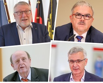 Kompletter Generationswechsel: Mit Mittelsachsens Matthias Damm (68), dem Erzgebirger Frank Vogel (65), dem Zwickauer Christoph Scheurer (65) und dem Vogtländer Rolf Keil (66/alle CDU/von links oben nach rechts unten) hören alle Landräte in Südwestsachsen gleichzeitig auf - weil sie die bei 64 Jahren liegende Höchstaltersgrenze für Kandidaten überschreiten.