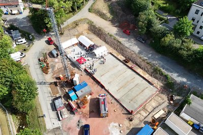 Auf dem ehemaligen Garagenhof an der Herolder Straße entsteht das neue Feuerwehrgerätehaus für die drei Ortsteilwehren Thum, Herold und Jahnsbach.