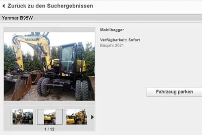 Screenshot eines Online-Angebots für einen gebrauchten Mobilbagger Yanmar B95W. Er ist Baujahr 2021 wie der, den der Thumer Bauhofchef entdeckt hat.