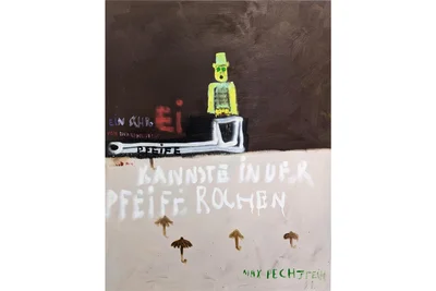 Das Gemälde „Den Schrei von Edward Mungk kannste in der Pfeife rochen“, 2024, 130 x 100 cm, Öl, von Osmar Osten hängt in der Ausstellung in Berlin.