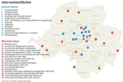 Die Interventionsflächen verteilen sich über die Stadt.