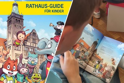 Auf jeder Seite gibt es etwas anderes zu entdecken – die Tierfiguren, zu denen die Schüler die Vorlagen lieferten, erkunden das Rathaus.