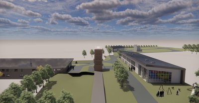 So soll das Kompetenzzentrum eines Tages aussehen: Links das Feuerwehrtechnische Zentrum, in der Mitte der Übungsturm, rechts die Ausbildungsstätte, dahinter das Katastrophenschutzlager. 