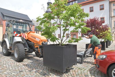 Maik Thurescht und Marcel Pohl (v.l) vom Oederaner Bauhof stellten die für das Familienfest entfernten Pflanzkübel wieder auf.