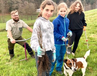 Greta, Annika und Helena (v. l.) pflanzten bei der Erstaufforstung im Griesetal in Lauter einige Eichen. Michael Pfalz und sein Hund Django unterstützten die Mädels dabei. 