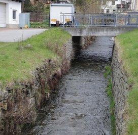 Die Sohle des Dorfbachs in Beierfeld muss saniert werden. Auch die Stützmauer bricht weg. 