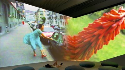 Keine Sorge: Die Frau in diesem Video schlägt nur mit einer Blume zu, die rechts im über Eck gestellten Bild zu sehen ist, eine Schopf-Fackel-Lilie. Die Videoarbeit "Ever Is Over All" von der Schweizer Künstlerin Pipilotti Rist ist in der Ausstellung zu sehen und versinnbildlicht fröhlichen Protest. 