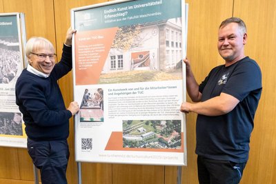 Stephan Luther und Eckhart Wittstock (v. l.) koordinieren die wissenschaftliche Erfassung der Kunst in der TU.