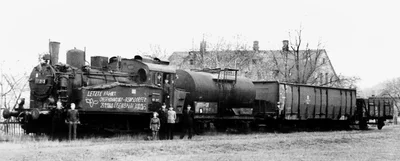 Vor dem Gasthaus "Zur Lokomotive" stellten sich das Lokpersonal und einige Fans dem Fotografen. Anlass war die letzte Fahrt eines Zuges mit einer Lokomotive der Reihe BR 89 auf dem Industriegleis Reinsdorf am 31. Oktober 1965.
