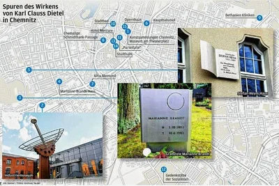 Der Plan kann nur eine Auswahl von Orten anzeigen, an denen Karl Clauss Dietel im Chemnitzer Stadtbild Spuren hinterlassen hat. 