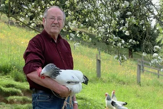 100 Jahre Kleintierzuchtverein Waldkirchen: Die Italiener sind schreckhafte Hühner - Lothar Kretzschmar im Garten mit seinen Italienern Weiß-Schwarzcolumbia. Seit 56 Jahren hält er dieser Rasse die Treue, noch länger züchtet er seine Schwarzschild-Pfautauben. 