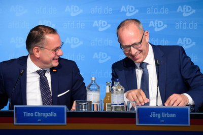 Greifen den Fall Schleife sowohl im Bundestag als auch im Landtag auf: AfD-Bundeschef Tino Chrupalla und Sachsens AfD-Landesvorsitzender Jörg Urban, beide sind auch Fraktionsvorsitzende.
