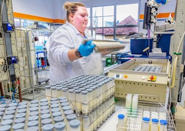 Milchwirtschaftslaborantin Jana Bellmann bei der Molkereigüteprüfung. Um eine gleichmäßige Durchmischung der Proben in den Probengläsern zu erreichen, müssen diese von Hand geschüttelt werden.