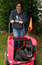 Tierheimchefin Jana Berger mit Hundedame Elli, die wegen ihres Übergewichts gegenwärtig nicht sehr bewegungsfreudig ist.